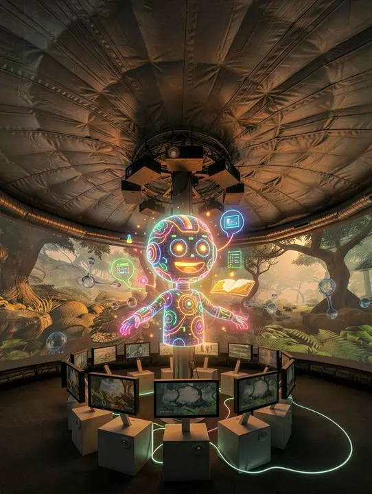 Candidate 11: a retro, organic, quirky AI helper holographic image hovers in the center of the column