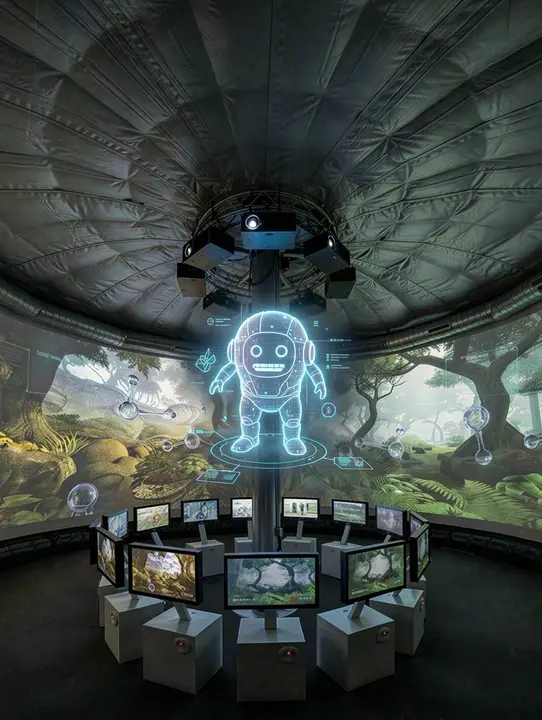 Candidate 5: a retro, organic, genderless AI helper hologram hovers in the center of the column