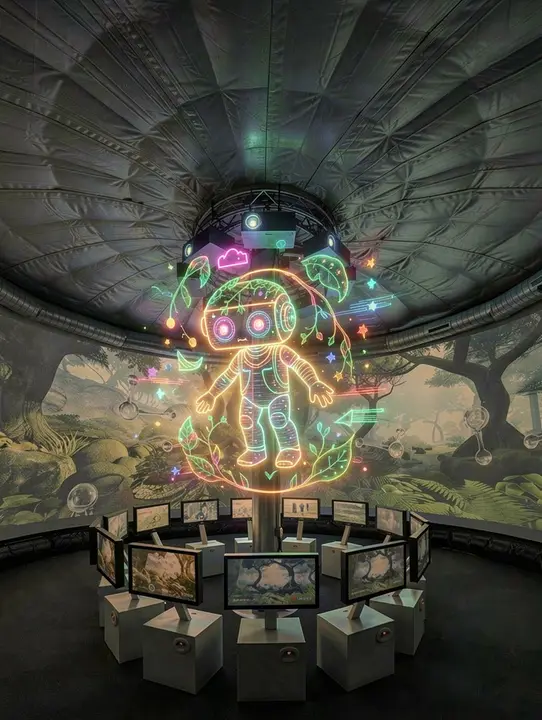 Candidate 7: a retro, organic, quirky AI helper holographic image hovers in the center of the column