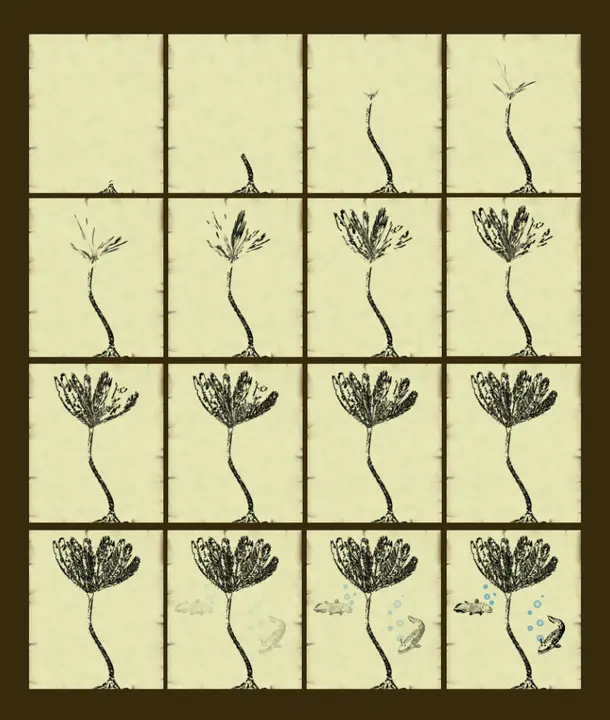 The Limestone drawing, frame by frame, as it grows in on the phone (the schematic's cover)