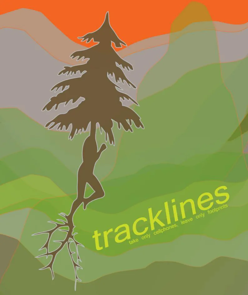 The Tracklines poster: a fir tree whose trunk becomes a running figure with roots for feet, over layered mountains