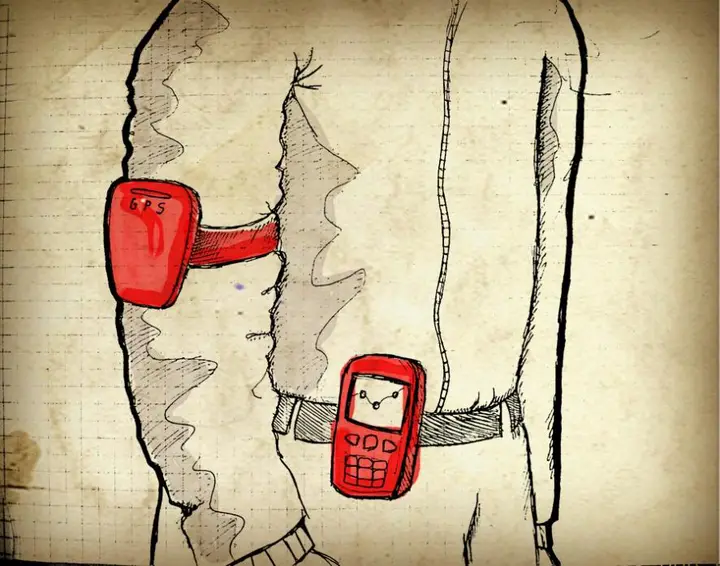The kit: GPS on a velcro armband, the phone in a belt-clip case. Drawing from the 2007 treatment